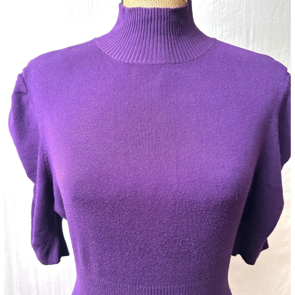 Bebe Women Purple Ribbed Mock Neck Puff Sleeve Sweater Knit Top Sweater Sz Large